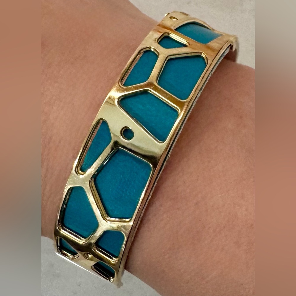 🇫🇷 Les Georgettes Gold Cuff Rose Des Sables Bracelet w/ Reversible Teal Leather